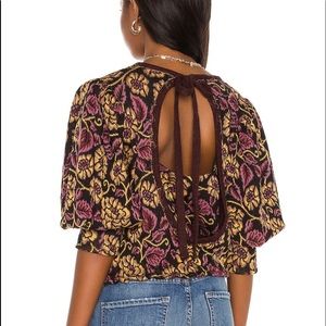 NWT Free People No Ordinary Top Tapestry Crop Blouse Sz XS Purple Tie Puff Slv